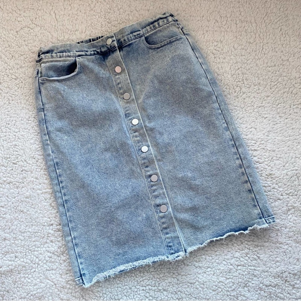 Skies Are Blue Light Acid Wash Button Front Denim Jean Midi Skirt